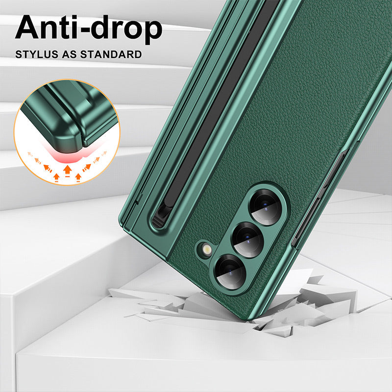 Luxury Electroplated Leather Shell with Magnetic Hinge Protection and Build-in Ultra-clear 9H Screen Protector for Samsung Galaxy Z Fold 6/5/4/3 - Free Stylus