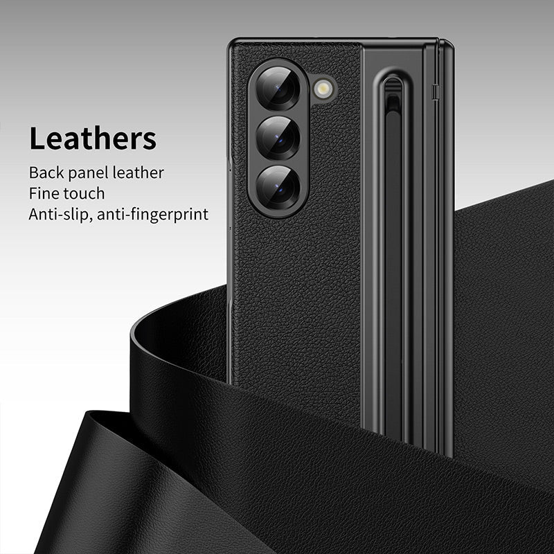 Luxury Electroplated Leather Shell with Magnetic Hinge Protection and Build-in Ultra-clear 9H Screen Protector for Samsung Galaxy Z Fold 6/5/4/3 - Free Stylus