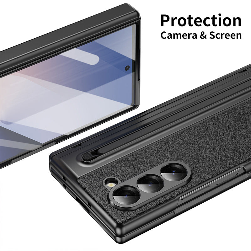 Luxury Electroplated Leather Shell with Magnetic Hinge Protection and Build-in Ultra-clear 9H Screen Protector for Samsung Galaxy Z Fold 6/5/4/3 - Free Stylus