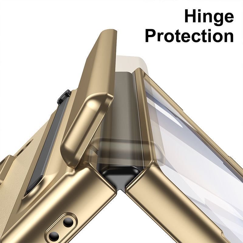Luxury Electroplated Leather Shell with Magnetic Hinge Protection and Build-in Ultra-clear 9H Screen Protector for Samsung Galaxy Z Fold 6/5/4/3 - Free Stylus
