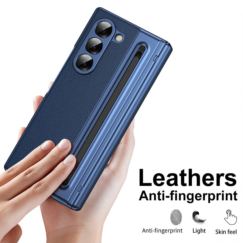 Luxury Electroplated Leather Shell with Magnetic Hinge Protection and Build-in Ultra-clear 9H Screen Protector for Samsung Galaxy Z Fold 6/5/4/3 - Free Stylus