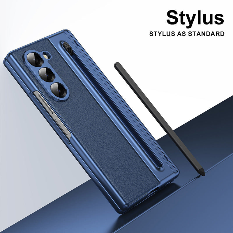 Luxury Electroplated Leather Shell with Magnetic Hinge Protection and Build-in Ultra-clear 9H Screen Protector for Samsung Galaxy Z Fold 6/5/4/3 - Free Stylus