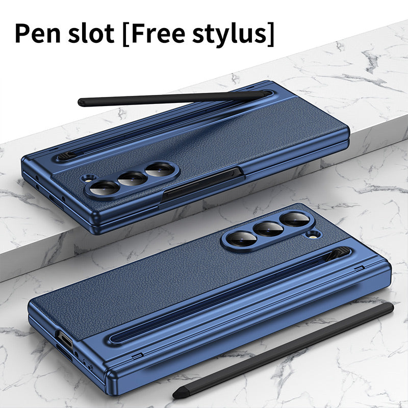 Luxury Electroplated Leather Shell with Magnetic Hinge Protection and Build-in Ultra-clear 9H Screen Protector for Samsung Galaxy Z Fold 6/5/4/3 - Free Stylus