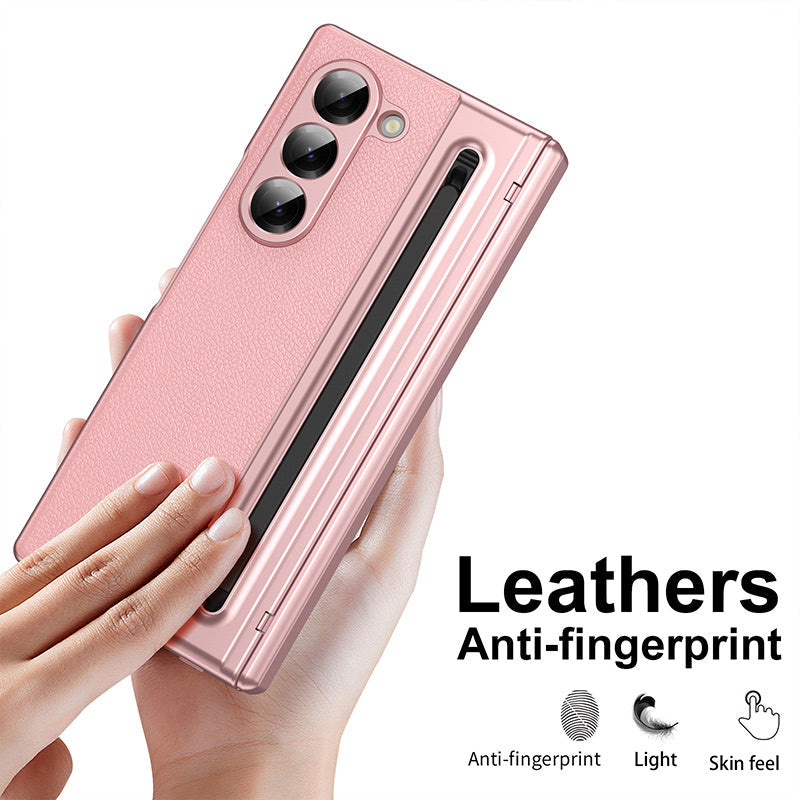 Luxury Electroplated Leather Shell with Magnetic Hinge Protection and Build-in Ultra-clear 9H Screen Protector for Samsung Galaxy Z Fold 6/5/4/3 - Free Stylus