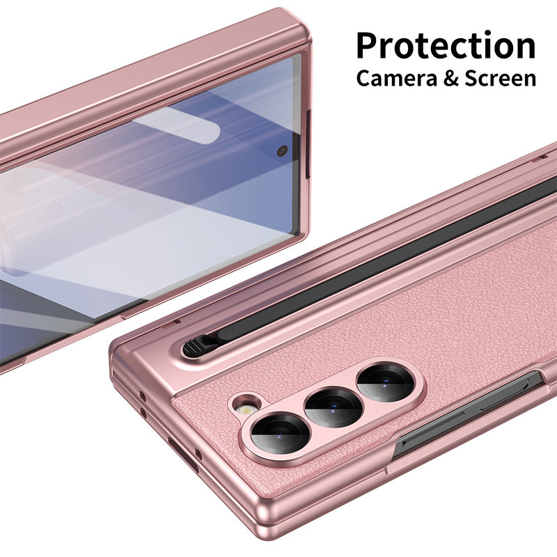 Luxury Electroplated Leather Shell with Magnetic Hinge Protection and Build-in Ultra-clear 9H Screen Protector for Samsung Galaxy Z Fold 6/5/4/3 - Free Stylus