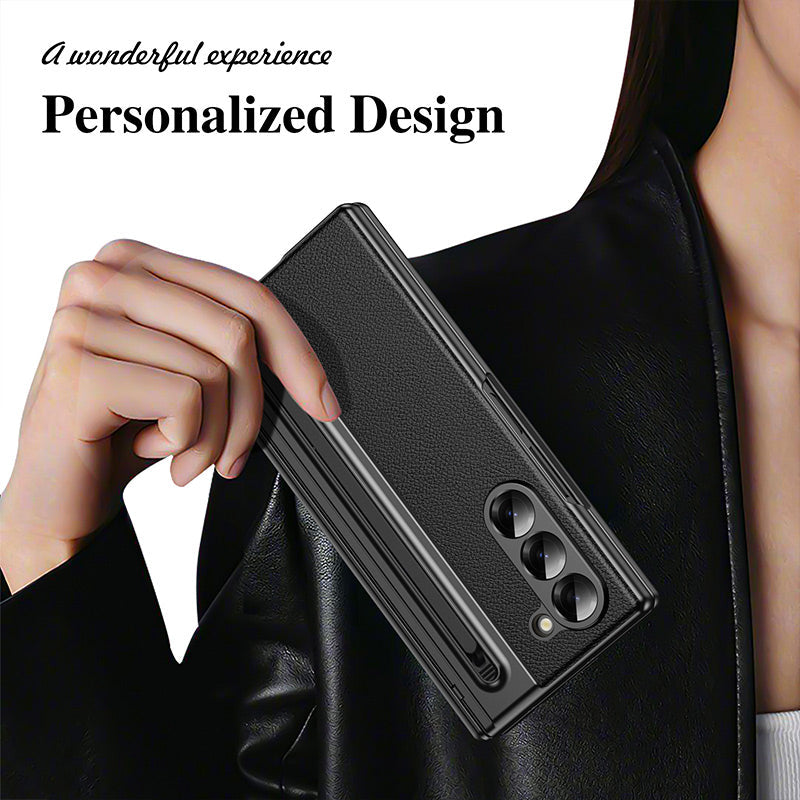 Luxury Electroplated Leather Shell with Magnetic Hinge Protection and Build-in Ultra-clear 9H Screen Protector for Samsung Galaxy Z Fold 6/5/4/3 - Free Stylus