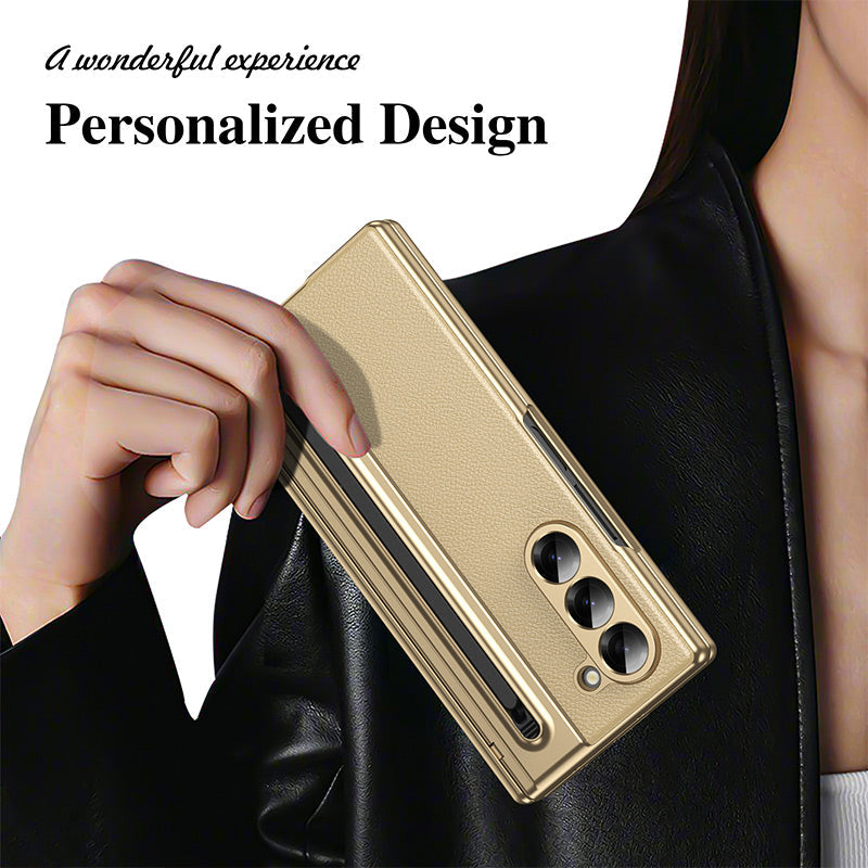 Luxury Electroplated Leather Shell with Magnetic Hinge Protection and Build-in Ultra-clear 9H Screen Protector for Samsung Galaxy Z Fold 6/5/4/3 - Free Stylus