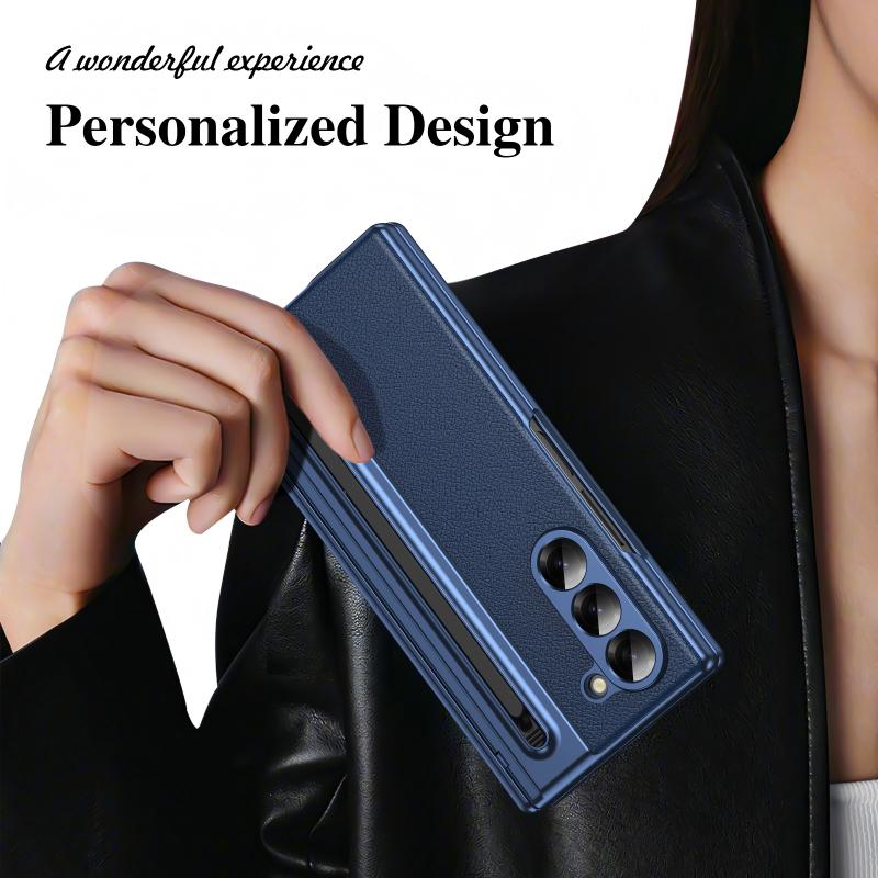 Luxury Electroplated Leather Shell with Magnetic Hinge Protection and Build-in Ultra-clear 9H Screen Protector for Samsung Galaxy Z Fold 6/5/4/3 - Free Stylus