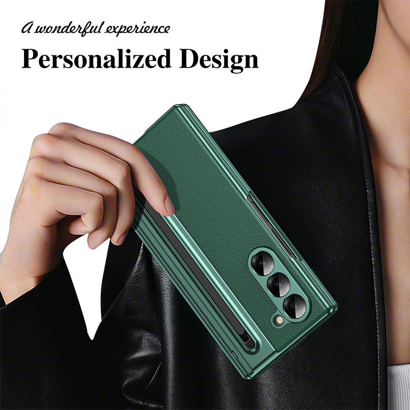 Luxury Electroplated Leather Shell with Magnetic Hinge Protection and Build-in Ultra-clear 9H Screen Protector for Samsung Galaxy Z Fold 6/5/4/3 - Free Stylus