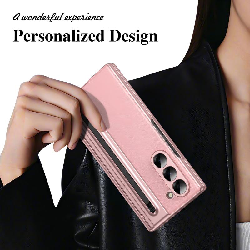 Luxury Electroplated Leather Shell with Magnetic Hinge Protection and Build-in Ultra-clear 9H Screen Protector for Samsung Galaxy Z Fold 6/5/4/3 - Free Stylus