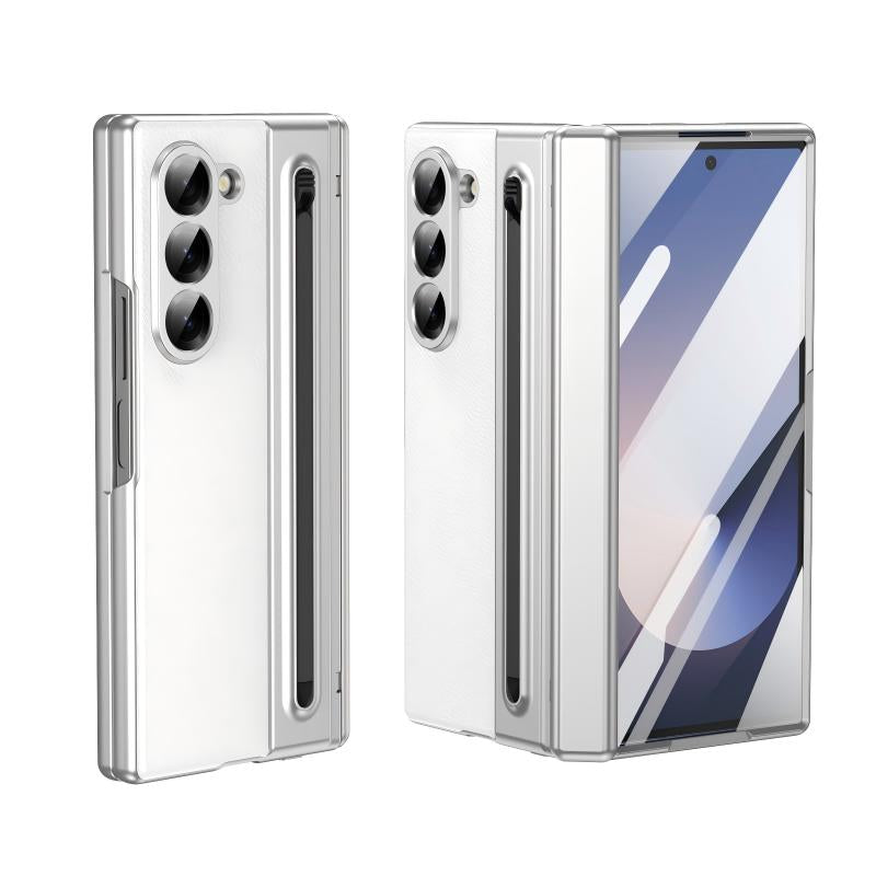Luxury Electroplated Leather Shell with Magnetic Hinge Protection and Build-in Ultra-clear 9H Screen Protector for Samsung Galaxy Z Fold 6/5/4/3 - Free Stylus