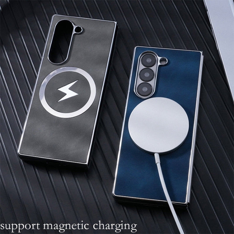 Luxury Electroplated Leather Magnetic Charging Protective Shell for Samsung Z Fold6/5/4/3