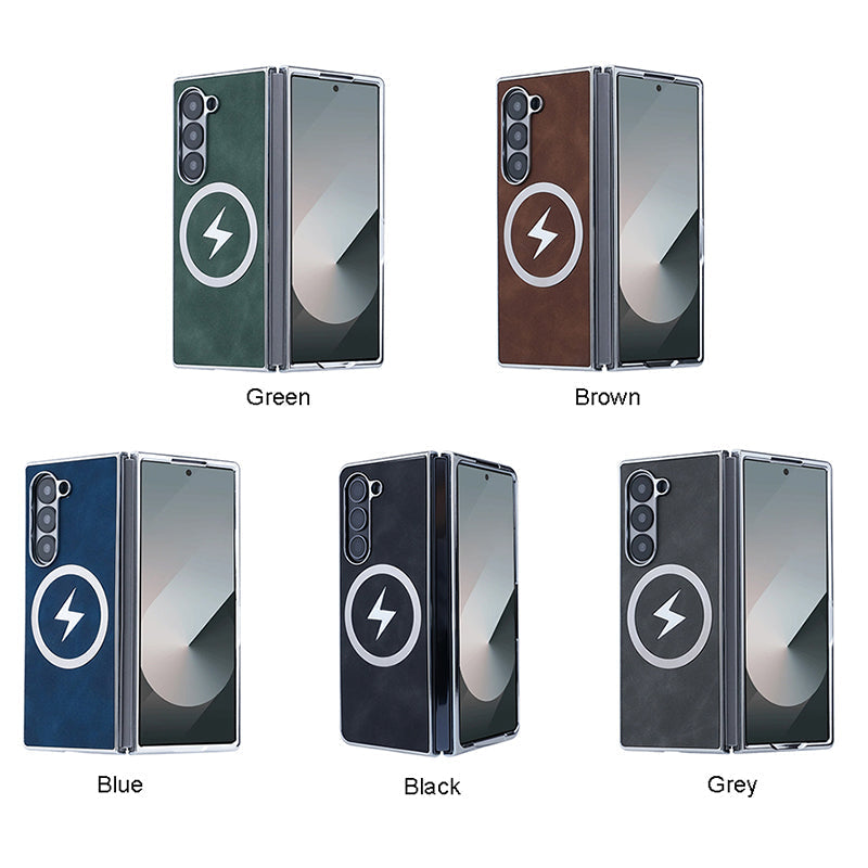 Luxury Electroplated Leather Magnetic Charging Protective Shell for Samsung Z Fold6/5/4/3