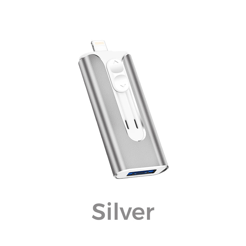 🥳2026 HOT SALE🥳💞50K+ SOLD!⚡📱 50% OFF! 4‑in‑1 Flash Drive – 64GB, MFI Lightning + Micro USB + USB 3.0. Works on iPhone, iPad, Android, PC. 💻✨