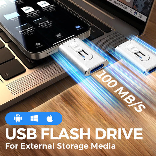 🥳2026 HOT SALE🥳💞50K+ SOLD!⚡📱 50% OFF! 4‑in‑1 Flash Drive – 64GB, MFI Lightning + Micro USB + USB 3.0. Works on iPhone, iPad, Android, PC. 💻✨