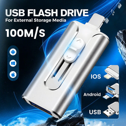 🥳2026 HOT SALE🥳💞50K+ SOLD!⚡📱 50% OFF! 4‑in‑1 Flash Drive – 64GB, MFI Lightning + Micro USB + USB 3.0. Works on iPhone, iPad, Android, PC. 💻✨