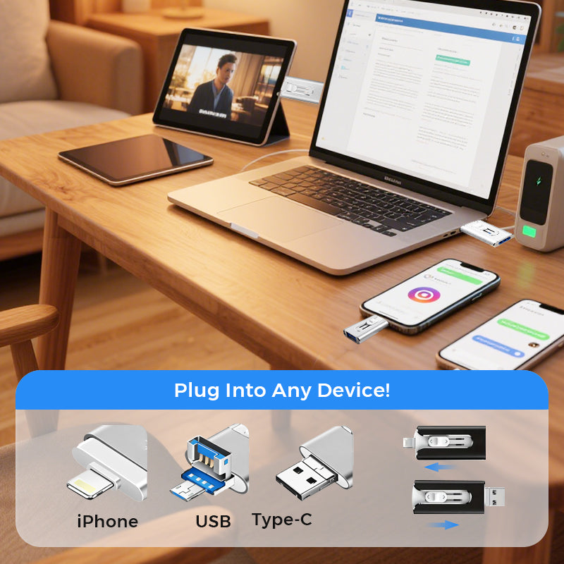 🥳2026 HOT SALE🥳💞50K+ SOLD!⚡📱 50% OFF! 4‑in‑1 Flash Drive – 64GB, MFI Lightning + Micro USB + USB 3.0. Works on iPhone, iPad, Android, PC. 💻✨