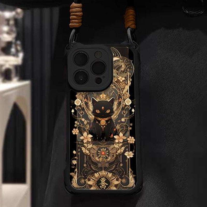 Black Cat & Gold Pattern Phone Cover with Strap