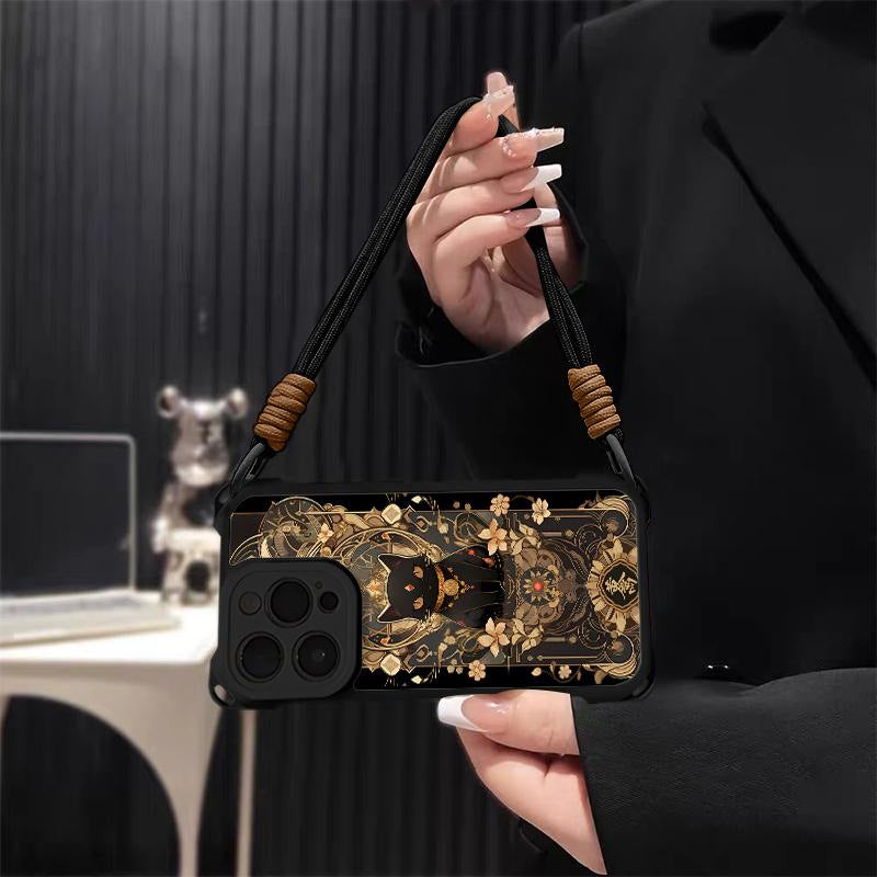 Black Cat & Gold Pattern Phone Cover with Strap