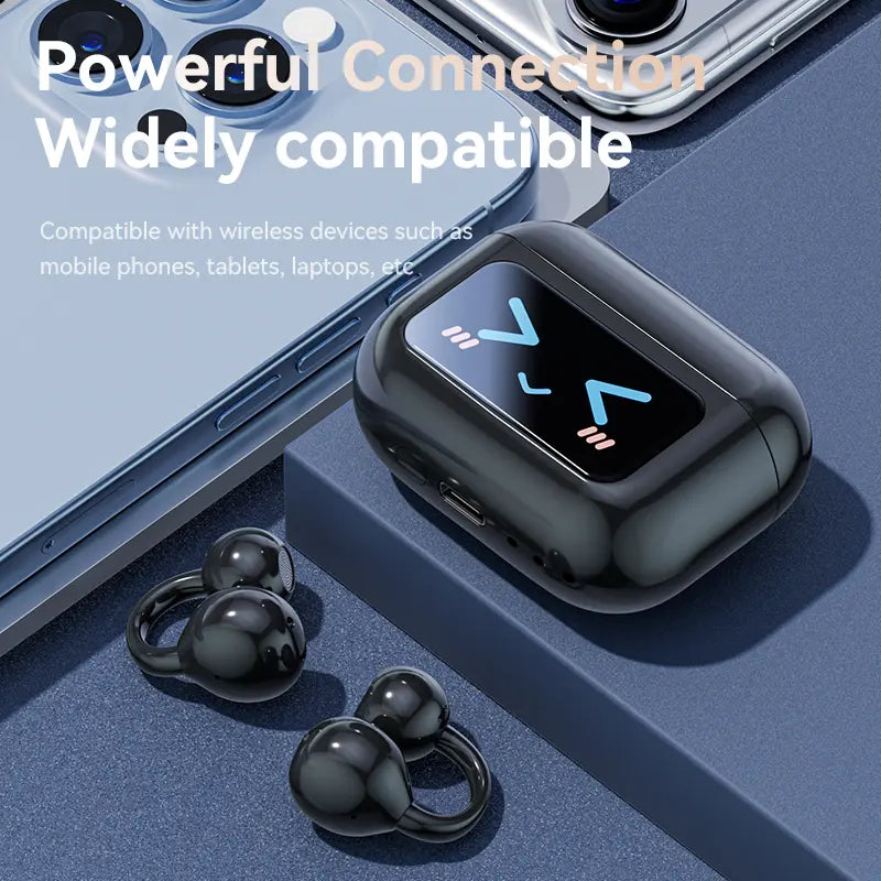 PIXNMO Clip On Ear Headphones with LCD Full Color Touch Screen, Bluetooth 5.4 Waterpfoof Earbuds, Audio Wireless Headphones for Music & Phone Calls