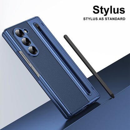 Luxury Electroplated Leather Shell with Magnetic Hinge Protection and Build-in Ultra-clear 9H Screen Protector for Samsung Galaxy Z Fold 6/5/4/3 - Free Stylus
