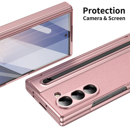 Luxury Electroplated Leather Shell with Magnetic Hinge Protection and Build-in Ultra-clear 9H Screen Protector for Samsung Galaxy Z Fold 6/5/4/3 - Free Stylus