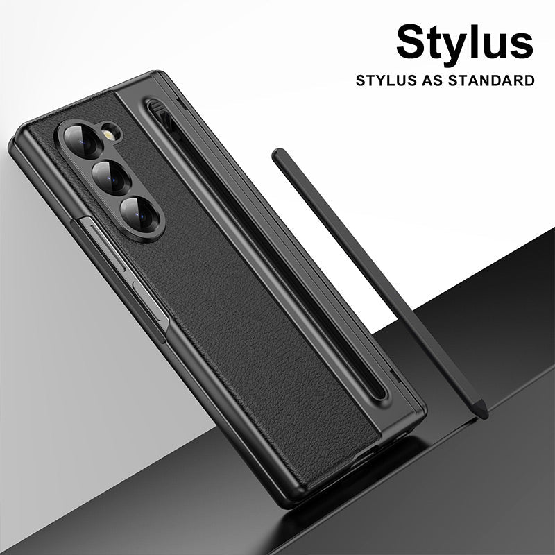 Luxury Electroplated Leather Shell with Magnetic Hinge Protection and Build-in Ultra-clear 9H Screen Protector for Samsung Galaxy Z Fold 6/5/4/3 - Free Stylus
