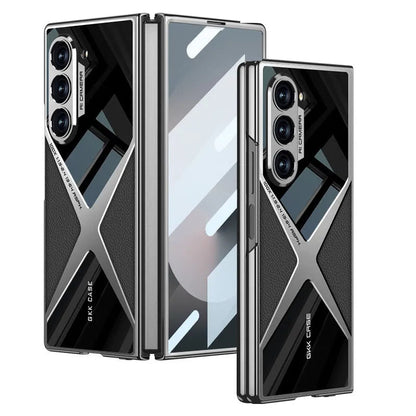 Cool Design Electroplated PU Leather Spliced Protective Shell with 9H Tempered Screen Protector for Samsung Galaxy Z Fold6/5/4/3