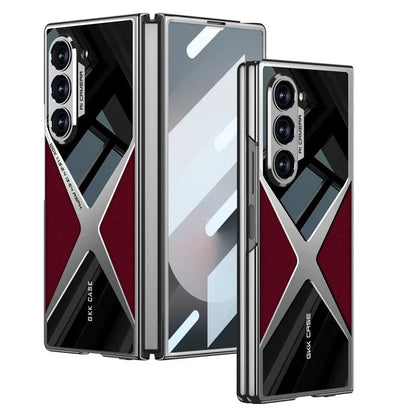 Cool Design Electroplated PU Leather Spliced Protective Shell with 9H Tempered Screen Protector for Samsung Galaxy Z Fold6/5/4/3