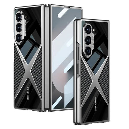 Cool Design Electroplated PU Leather Spliced Protective Shell with 9H Tempered Screen Protector for Samsung Galaxy Z Fold6/5/4/3